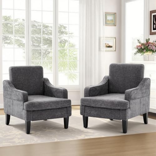 Set of 2 Accent Chair for Living Room,Mid-Century Arm Chair Fabric Living Room Chairs,Upholstered Reading Chair for Bedroom,Single Sofa Chair with Wood Legs for Apartment (Dark Grey)