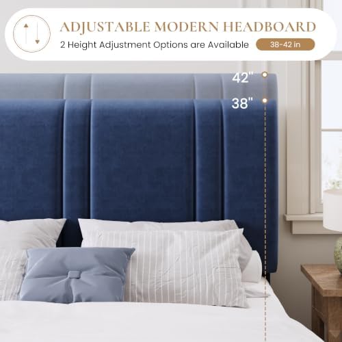 SHA CERLIN California King Size Bed Frame with Adjustable Headboard, Blue