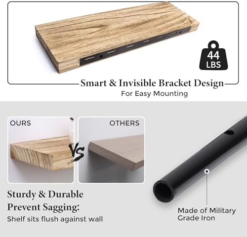 Axeman Floating Shelves, 2 Pack 8 Inch Deep Modern Solid Wood Wall Shelves for Storage, Wall Mounted Display Shelving with Invisible Heavy-Duty Metal Bracket, 24" W x 8" D x 1.6" H, Light Carbonized