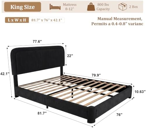 Vipbear Boucle King Size Bed Frame with Adjustable Headboard, Upholstered Cloud Platform Bed Frame with Wood Slats, Noise-Free King Bed, No Box Spring Required, Easy Assembly, Black