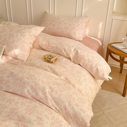 Pink Floral Twin Size Duvet Cover Soft 100% Cotton Double Layer Muslin Comforter Cover Set for Teen Girls Kids,Pink Flower Bedding Set 3 Pieces,Includes 1 Duvet Cover& 2 Pillowcases