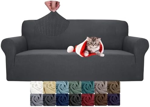 JIVINER High Stretch Couch Covers for 3 Cushion Couch, 1-Piece Jacquard Sofa Slipcovers Fitted Washable Sofa Covers with Elastic Bottom Furniture Protector for Kids Pets (Sofa, Grey)