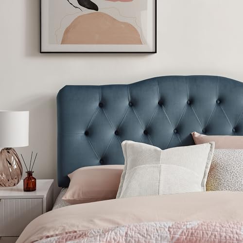 Modway Annabel Performance Velvet Adjustable Queen Headboard in Cadet Blue - Stain-Resistant Padded Headboard Only with Diamond Button Tufting and 7 Height-Adjustable Positions