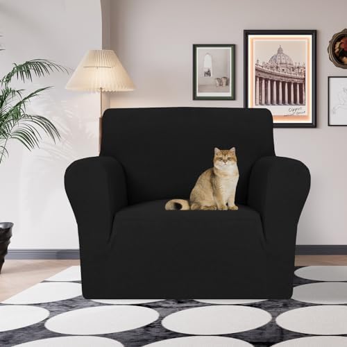 JIVINER Stretch Armchair Slipcovers, 1 Piece Chair Sofa Covers 1 Seater Couch Covers with Elastic Bottom for Kids, Pets (Black, Chair)
