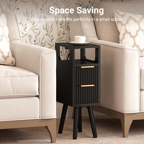 Narrow Side Table with Charging Station, Skinny Fluted Nightstand, Black