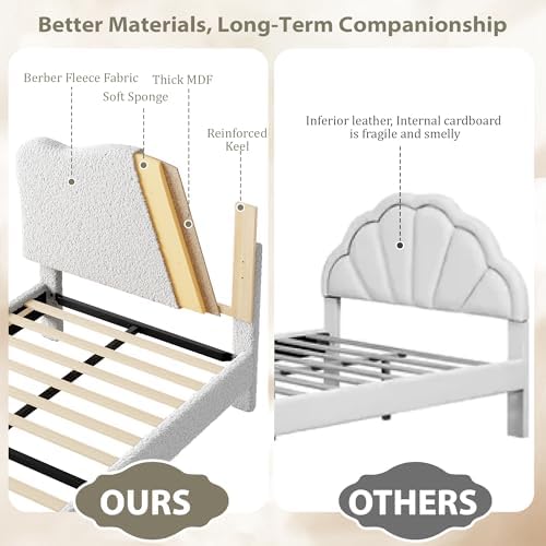 Garvee Upholstered Twin Size Bed Frame for Kids with Scallop Headboard, Cute Velvet Twin Bed for Girls, Boys, Sturdy Platform Bed, No Box Spring Needed, Wooden Slats, Noise Free, Light Grey