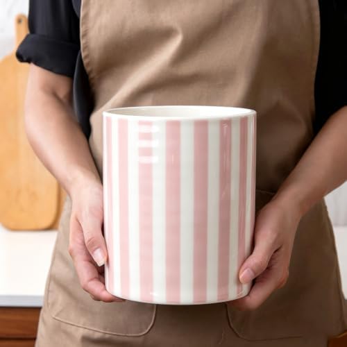 Kitchen Utensil Holder,7.2-inch Extra Large Ceramic Stripes Pattern Utensil Crock,Cooking Utensil Organizer for Kitchen Counter Decor,Storage Caddy Farmhouse Gift Pink