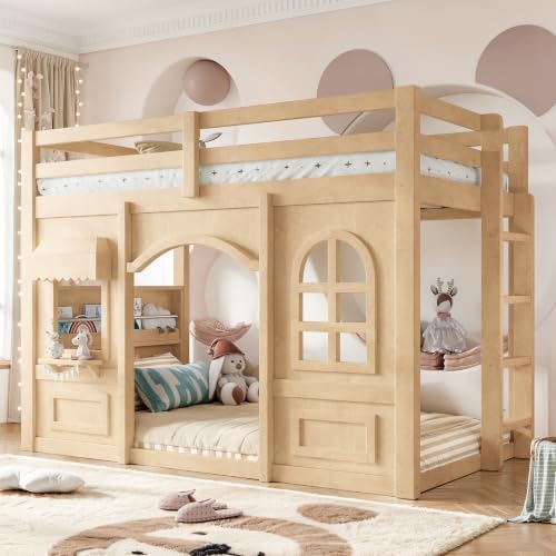 Twin Size Wooden Playhouse Loft Bed with Windows, Light Natural