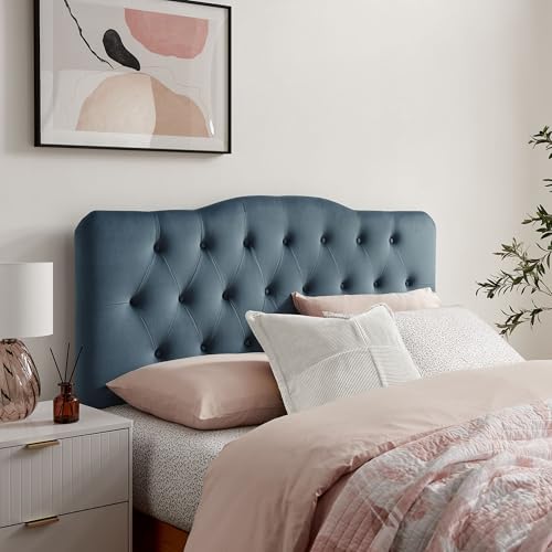 Modway Annabel Performance Velvet Adjustable Queen Headboard in Cadet Blue - Stain-Resistant Padded Headboard Only with Diamond Button Tufting and 7 Height-Adjustable Positions