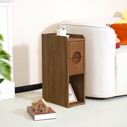 Narrow Fluted Nightstand, Wooden Small 2 Drawer Nightstand, Slim Side End Table, Vintage Bedside Table, Mid Century Modern Night Stand with Drawers, for Bedroom, Walnut, 1 Pc