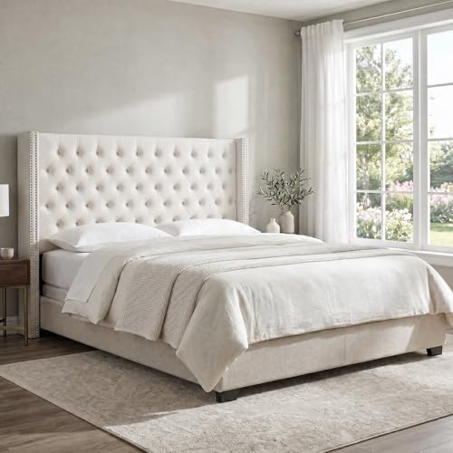 Madison Park Queen Wingback Upholstered Tufted Headboard, Featuring High-Density Sponge Padding, Adjustable Height Headboard, Easy Assembly, Beige Velvet