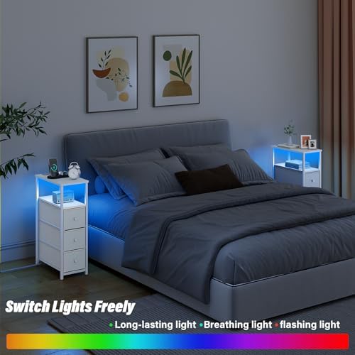 TUTOTAK Narrow LED Night Stand with Charging Station, Slim End Table
