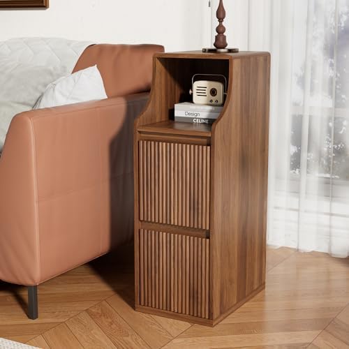 Fluted Narrow Nightstand Set of 2, Mid Century Modern Small Bedside Table with 2 Drawers, Wooden Skinny Vintage Side Table, Night Stand, Slim End Table for Bedroom, Walnut, Brown