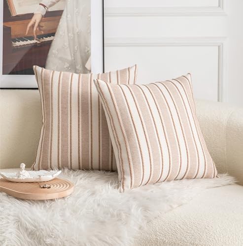 Cethom Decorative Boho Throw Pillow Covers, Farmhouse Textured Pillow Case, 18 x 18 Inch Set of 2, Chair Sofa Bedroom Living Room Home Decor Couch Cushion Case, Brown and Beige Striped