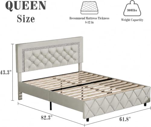 BarnFurin Queen Bed Frame with Diamond Tufted Headboard, Cream