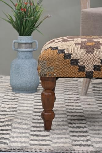 Handmade Jute Ottoman Stool with Wooden Legs | Square Upholstered Foot Rest & Accent Seating | Woven Vanity Stool for Living Room, Bedroom, Hall, Entryway & Home Décor (Yellow)