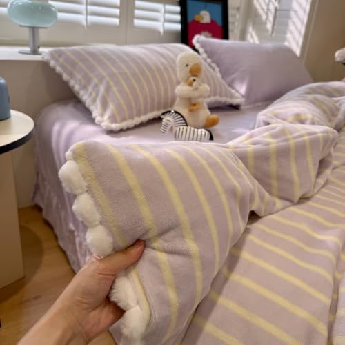 AOJIM Milk Velvet Duvet Cover Set Queen Vintage Lilac Striped Bedding 3Pcs