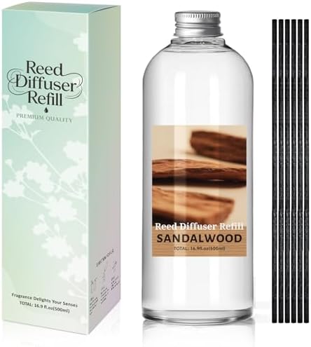SCENTORINI Sandalwood Diffuser Reed Diffuser Oil Refill, 16.9 Oz & 6 Sticks