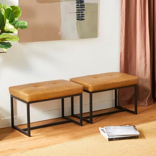 Glitzhome Ottoman Bench Pack of 2, Modern PU Leather Vanity Stools Chairs with Metal Frame, Makeup Stool Padded Foot Rest Stool for Living Room Vanity, Entryway, Bathroom,Light Brown
