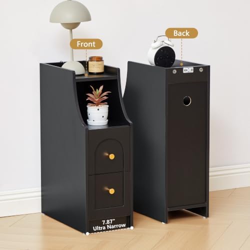 Ultra Narrow Nightstand Set of 2, Slim Bedside Table with Charging Station, 2 Drawers & Open Shelf, Mid-Century Modern End Table with Fenced Top for Living Room Bedroom (Black, 2)