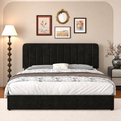 VECELO King Size Upholstered Bed Frame with 4 Drawers and Headboard, Velvet Platform Storage Bedframe, Wooden Slats Support, No Box Spring Needed,Black