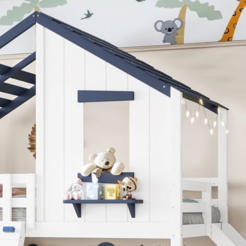Twin Size House Bunk Bed with Convertible Slide & Ladder, White