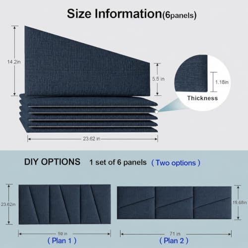 Peel and Stick Headboard Panels for Bed，Soft Padded Fabric Noise-Reducing Panels with Modern Stylish Design for Bedroom Decor (Dark Blue, Queen)