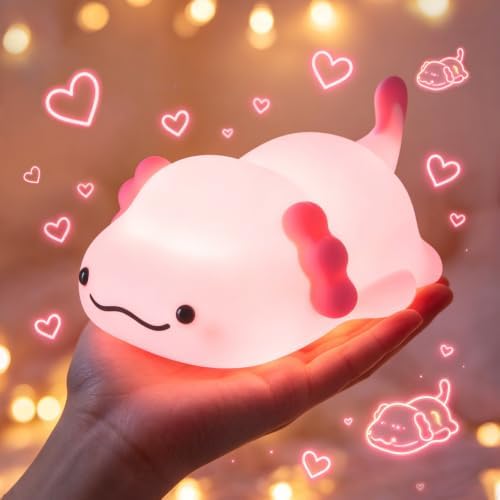 Fuloon Axolotl Night Light, 3-Level Dimming Silicone Touch Lamp with Rechargeable Battery & 30-Min Auto Timer, Cute Squishy Unicorn Whale Desk Decor, Funny White Elephant Gift for Adults Teens Kids