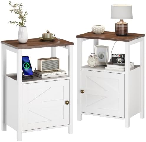Nightstand Charging Station Barn Door & Bedside Table Storage White 2 Set