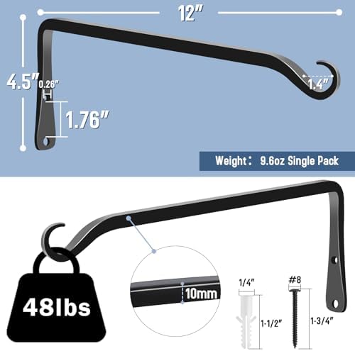 FEED GARDEN Heavy Duty Plant Hooks - 2 Pack 12 Inch Wall Mounted Hanging Brackets, 48lb Capacity Steel Plant Hangers for Bird Feeders, Baskets, Wind Chimes Outdoor Indoor- Black