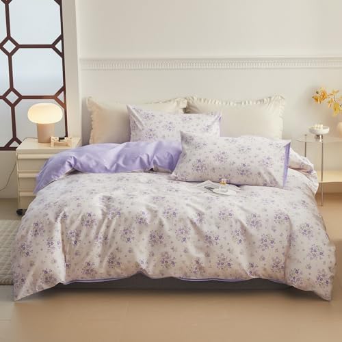 Purple Flower Duvet Cover Set Twin Cotton 3 Pcs Girls White Lavender Comforter Cover with Zipper Closure,Romantic Duvet Cover + 2 Pillowcases for Spring