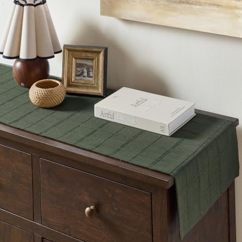 ZeeMart Linen Checked Farmhouse Table Runner, 13x36 Inches Army Green