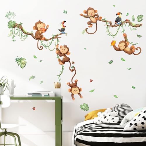 Monkey Climbing Wall Decals Jungle Leaf Animals Wall Stickers for Boys