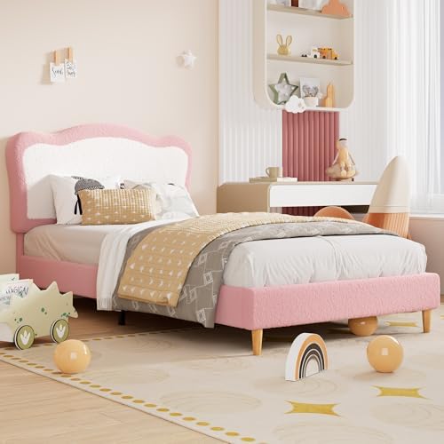 Garvee Upholstered Twin Bed Frame for Kids with Scallop Headboard, Cute Velvet Twin Bed for Girls, Boys, Sturdy Platform Bed, No Box Spring Needed, Wooden Slats, Noise Free, Pink White