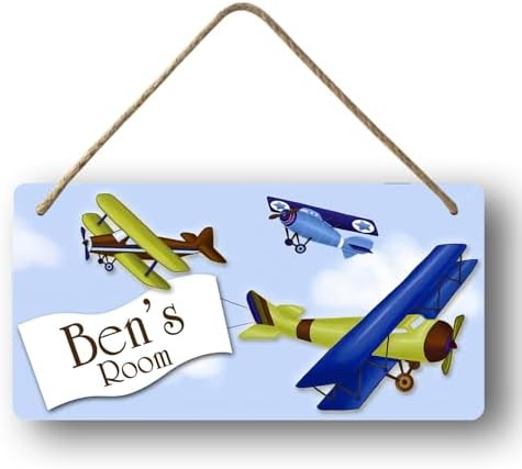 Personalized Name Wall Hanger Door Airplane Blue Decorations Sign For Toddlers Boy Custom Wood Sign