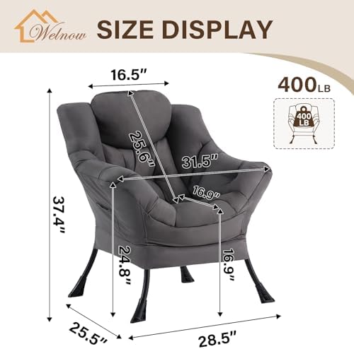Welnow Lazy Chair for Adults，Modern Reading Accent Chair,Dark Grey Single