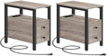 HOOBRO Set of 2 End Tables with Charging Station, Narrow Side Table with Drawers & USB Port & Power Outlets, Nightstand for Small Spaces, Living Room, Stable, Greige and Black BG541BZP201