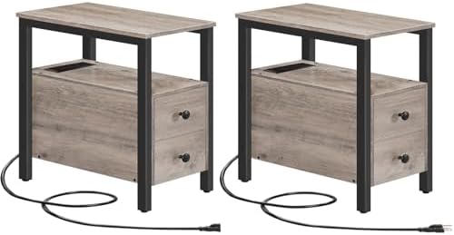 HOOBRO Set of 2 End Tables with Charging Station, Narrow Side Table with Drawers & USB Port & Power Outlets, Nightstand for Small Spaces, Living Room, Stable, Greige and Black BG541BZP201