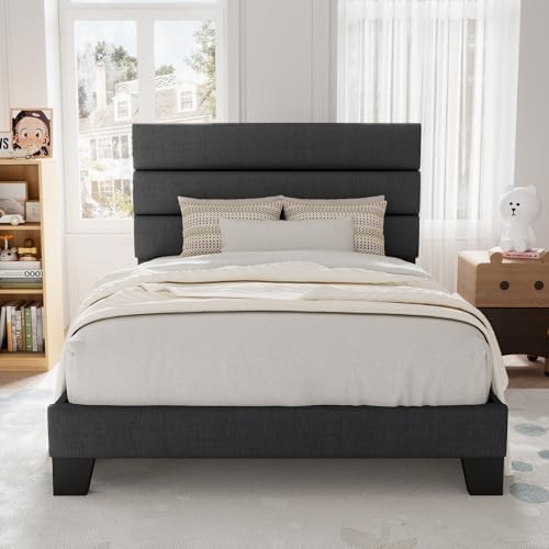 Allewie Twin Size Platform Bed Frame with Fabric Upholstered Headboard Gray