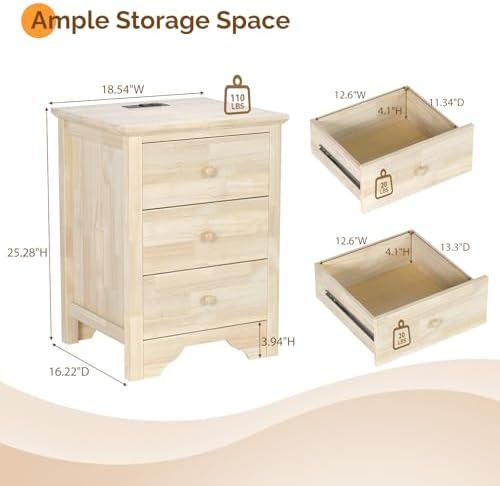 VINGLI Unfinished Rubber Wood Nightstands Set of 2 for Color DIY, 18.54" W Nightstand with Charging Station, 3 Drawer Nightstand, Real Wood Night Stands/Bed Side Table/End Table for Bedroom
