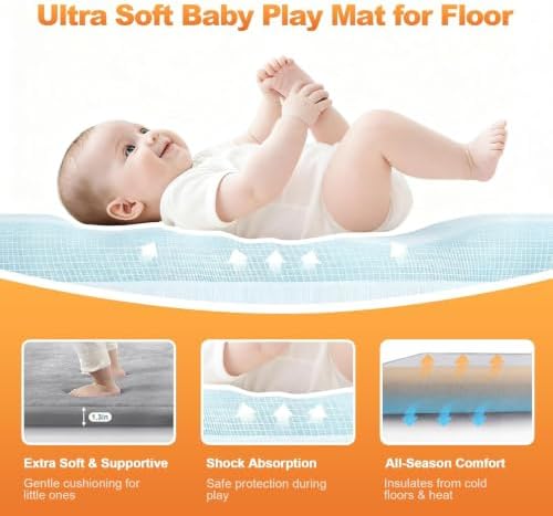 Ultra Soft Baby Play Mat for Floor, 59"×79" Playpen Mat, 1.3" Thick Memory Foam, Non-Slip Tummy Time Mat for Infants, Toddlers, and Kids – Water-Repellent Coral Velvet, Easy Care-Light Gray