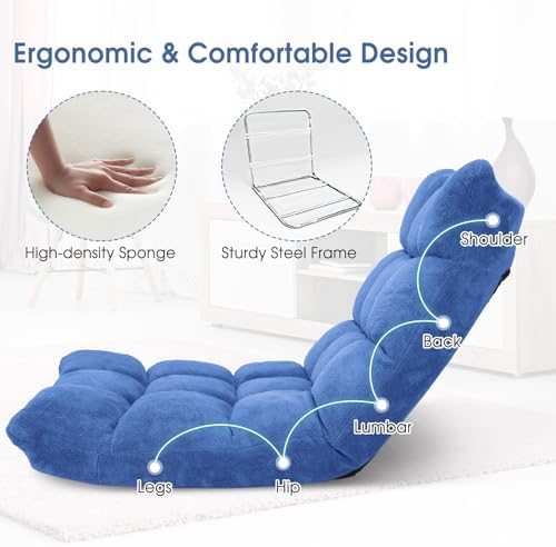S AFSTAR Cushioned Floor Chair, 14-Position Adjustable Padded Lazy Recliner with Comfortable Back Support and Skin-Friendly Cover, Great for Reading, Playing Game, Meditating (Blue)