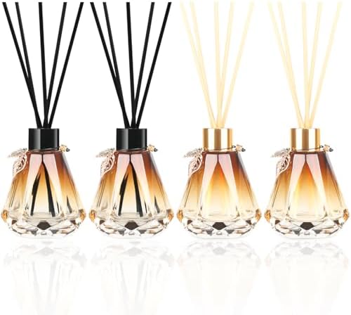 Reed Diffuser, Reed Diffuser Empty Bottles with 20pcs Reed Diffuser Sticks, Delicate Gold Leaf Decor, Glass Fragrance Diffuser Set with lids for Home… (Black+Gold, 4PCS)