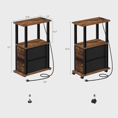 TUTOTAK Small Narrow End Tables, Side Tables with 2 Fabric Drawers, Set of 2, Bedside Tables with Charging Station for Small Spaces, Slim Nightstands with USB Ports and Wheels, TB01BB053C