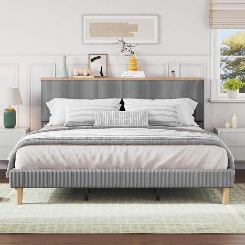 Bestier King Bed Frame with Storage Headboard & LED, Light Grey
