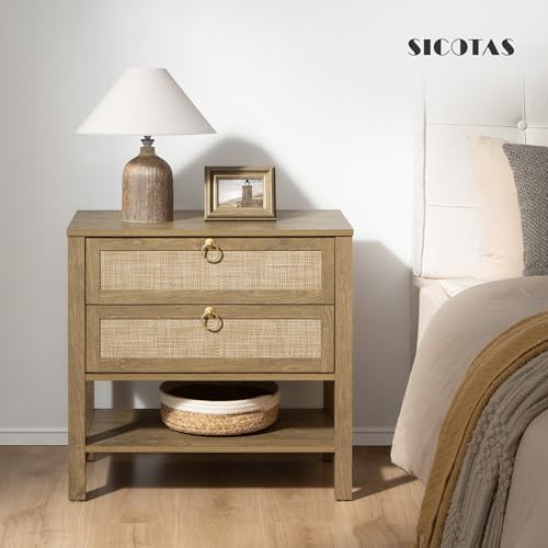 SICOTAS 26.7" Wide Rattan Nightstand with 2 Drawers & Open Shelf End Table
