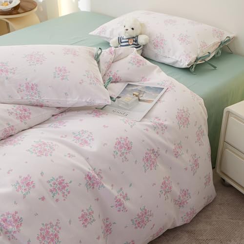 HighBuy Vintage Floral Duvet Cover Set King with Pink Floral Print,Comforter Cover Chic Floral Bedding Set,100% Cotton Super Soft,Princess,1 Duvet Cover with 2 Bowknot Bow Tie Pillowcases