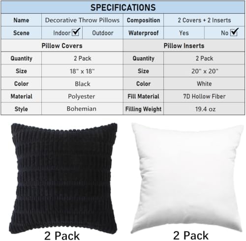 2 Pack Corduroy Decorative Throw Pillow with Inserts, 18x18 Inch Soft Boho Throw Pillow, Square Striped Throw Pillows for Couch, Bed, Sofa Decor
