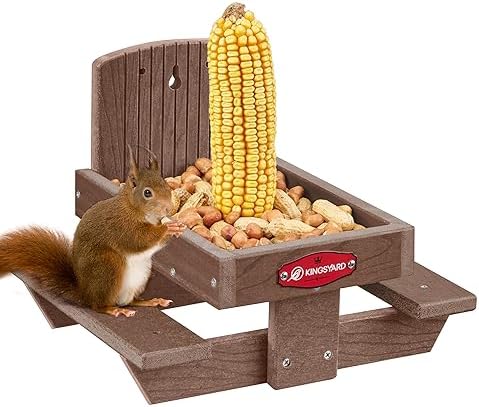 Kingsyard Squirrel Feeder Table for Outside, Recycled Plastic Squirrel & Chipmunk Picnic Table Feeder with Corn Cob Holder, 2 x Solid Structure Benches, Easy to Clean (Brown)