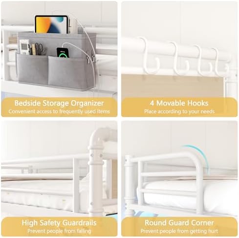 Twin Size Loft Bed with LED Lights and Charging Station, Industrial Heavy Duty Metal Loft Bed Frame with Ladder and Guardrail for Kids Adults, Small Space Saving Design for Bedroom Dorm, White